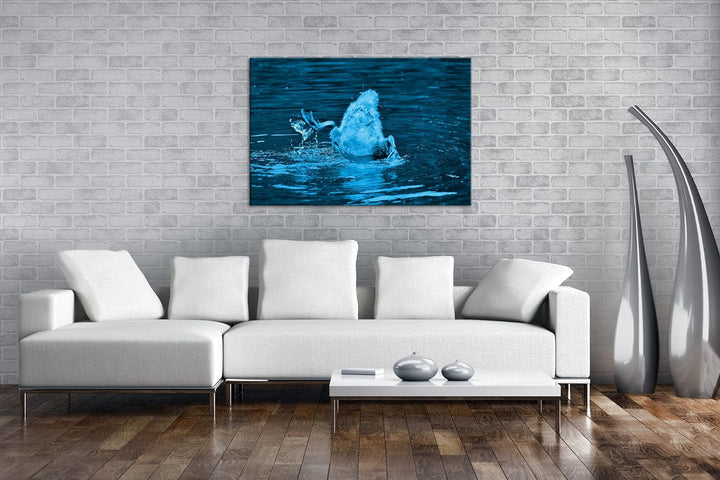 deyoli kleine Ente tauscht nach Fischen Format 80x60 Effekt: Monocrome Blau als Leinwandbild, Motiv