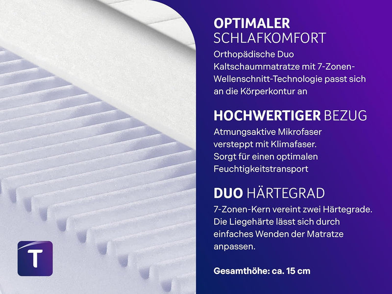 Traumnacht Basic 2 in 1 Duo - orthopädische 7- Zonen Kaltschaummatratze, Härtegrad 2 und 3, Öko-Tex