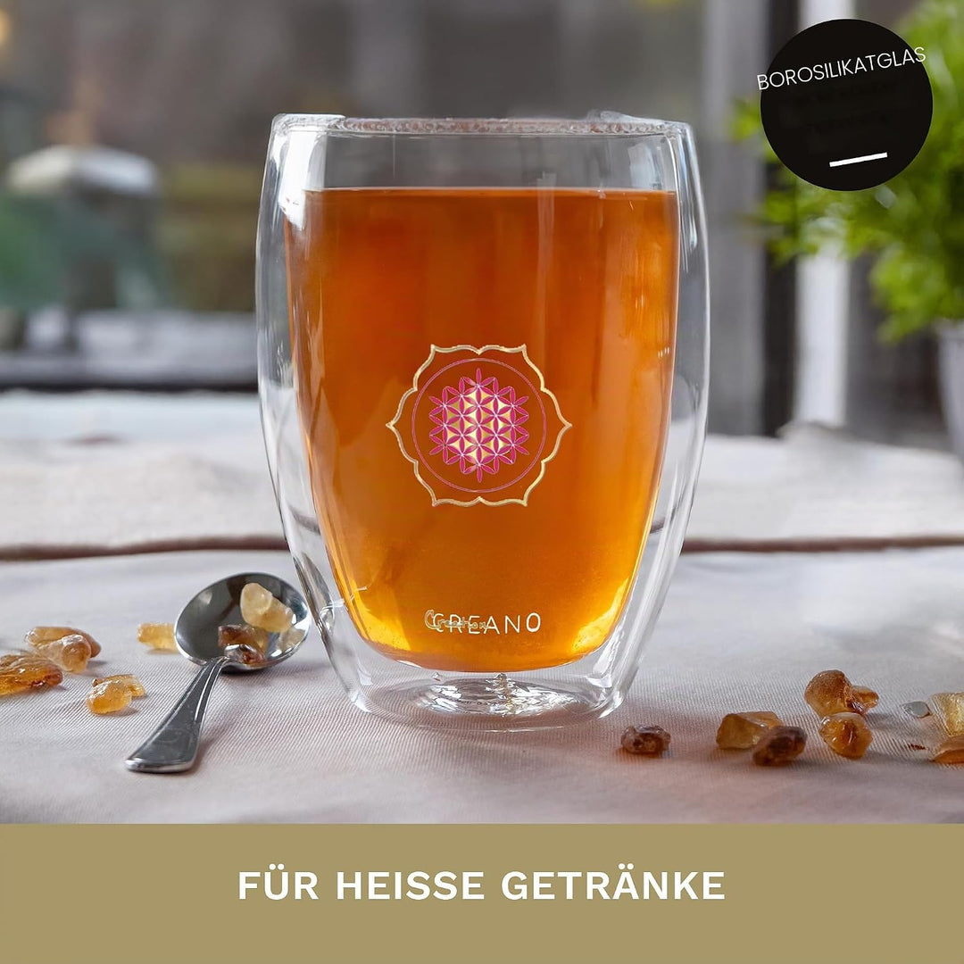 Creano doppelwandiges Tee-Glas, Latte Macchiato, Thermobecher Blume des Lebens | 250ml, in exklusive