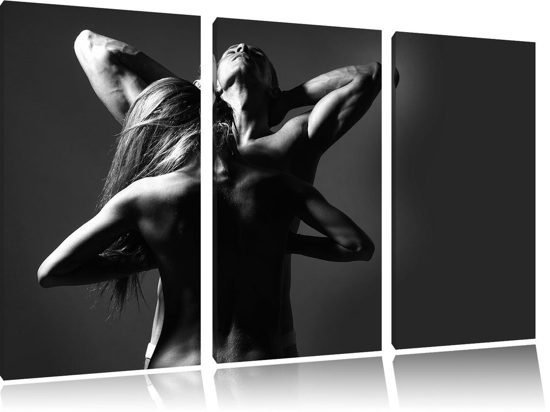 Pixxprint Fitness Paar Kunst B&W als Leinwandbild | Grösse: 3 Teilig (120x80) | Wandbild| Kunstdruck