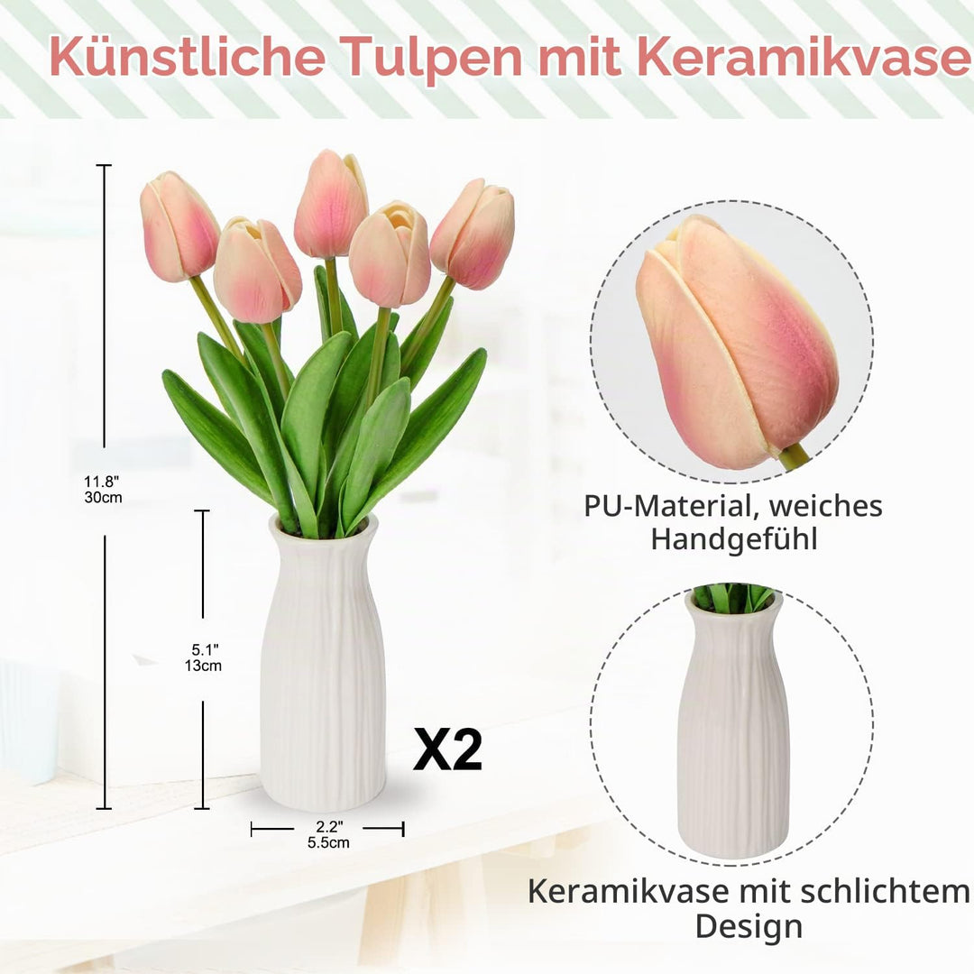 Kunstblumen Künstliche Tulpen Blumen Wie Echt Real Touch Tulpen, Höhe 30 cm, mit Vase aus Keramik, D