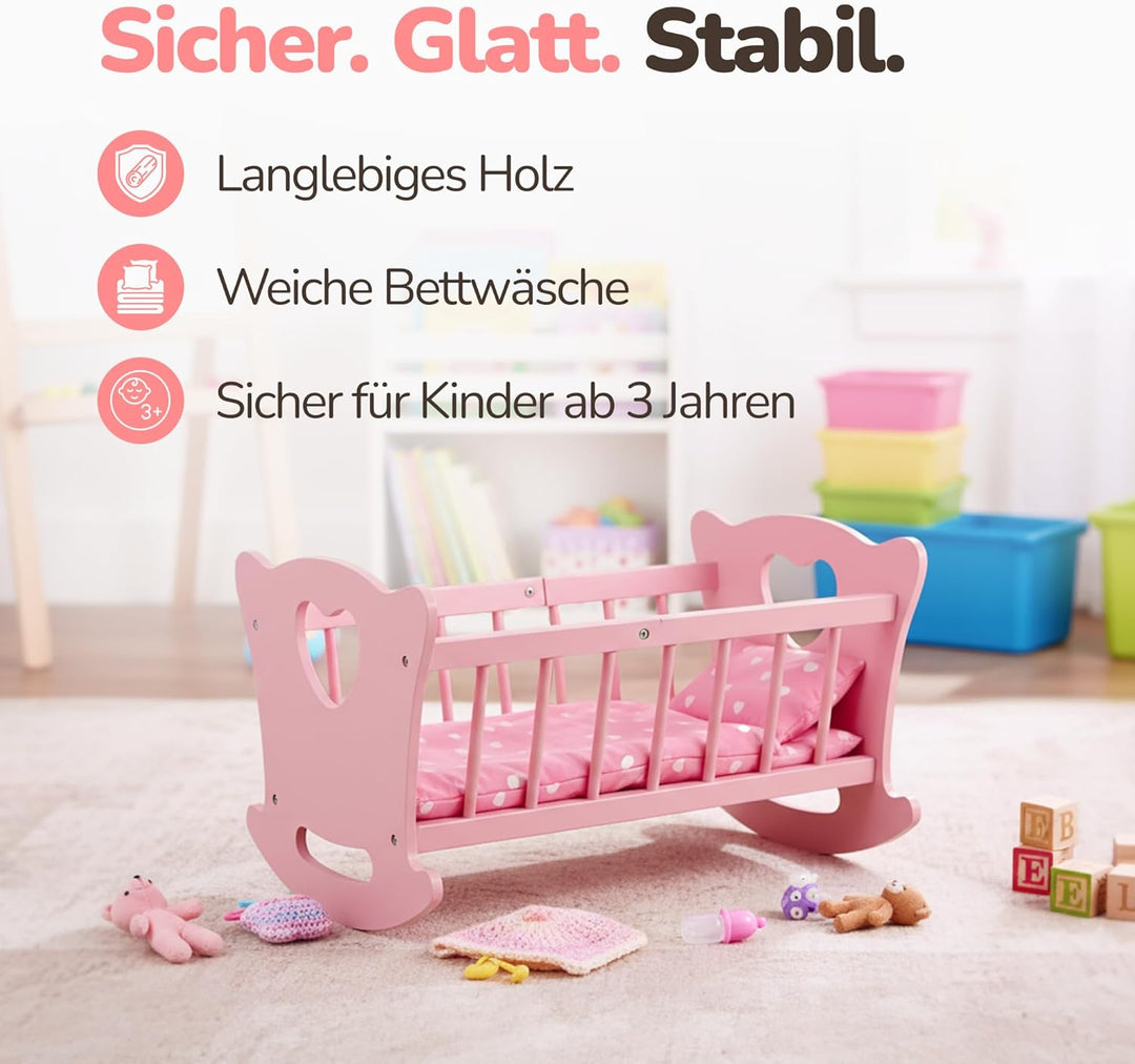 Kinderplay Holz Puppenwiege mit Bettwäsche – Schaukelbett für Puppen bis 49,5 cm – Nachhaltiges Holz