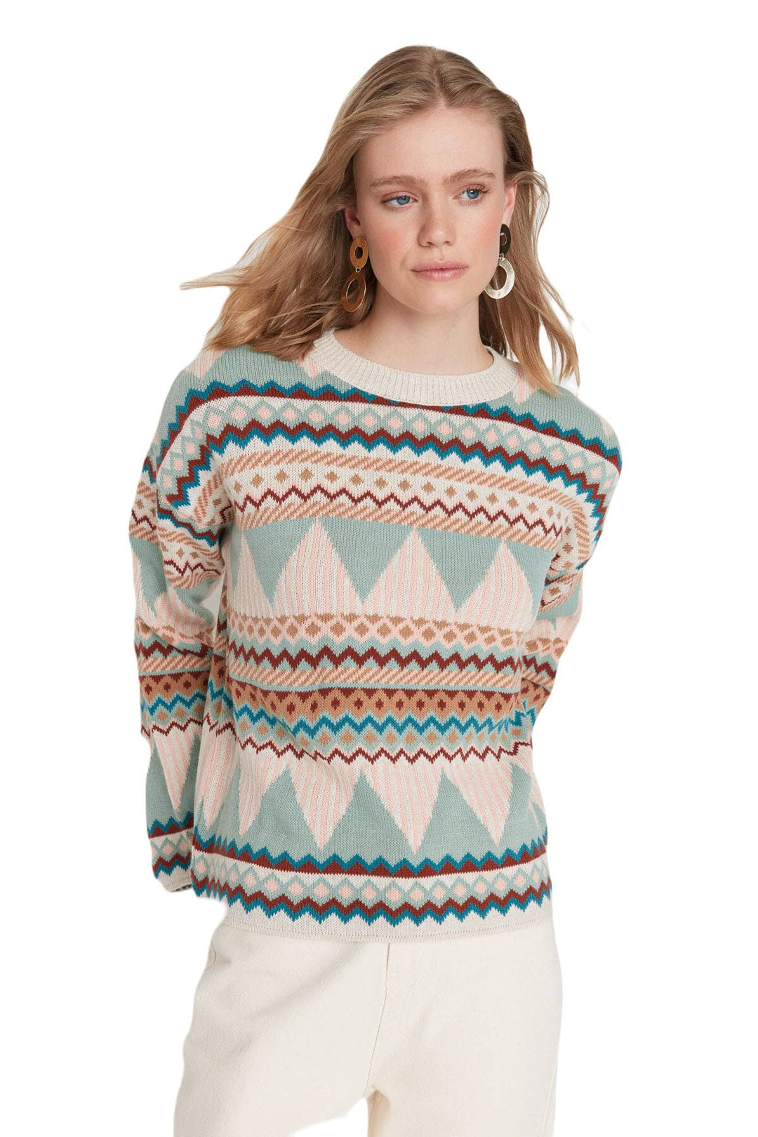 TRENDYOL Damen Jacquard-Pullover mit Rundhalsausschnitt, Regulärer Schnitt Sweatshirt, Minze