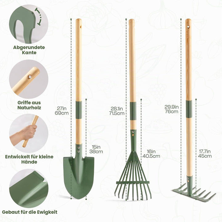 ROBUD Kinder Schubkarre Metall mit Kinder Gartenwerkzeug Set, Schubkarre mit Langer Schaufel, Hacke,