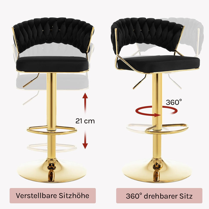 WOLTU Barhocker 2er Set, mit geflochtener Rückenlehne, Samthocker, Schwarz | Barstuhl 360° drehbar,