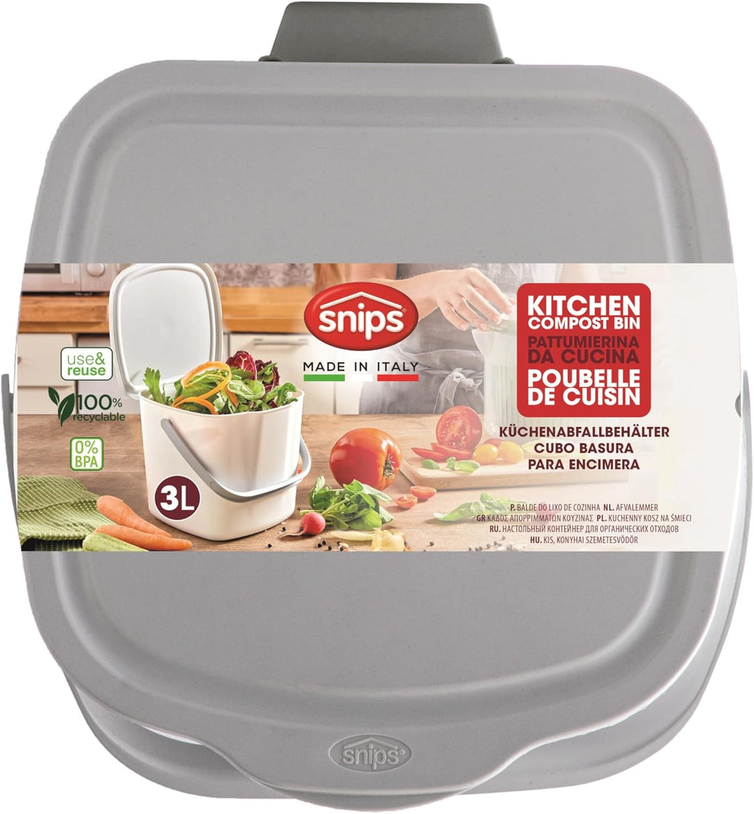 Snips Biomülleimer Komposteimer, Küchenabfalleimer mit Deckel und Griff 3L, Bio Mülleimer, Abfalleim