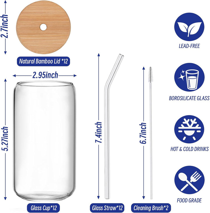 FINEW 12 Stück Gläser mit Deckel und Strohhalm, 16oz/450ml Eiskaffee Gläser, Cocktailgläser, Iced Co