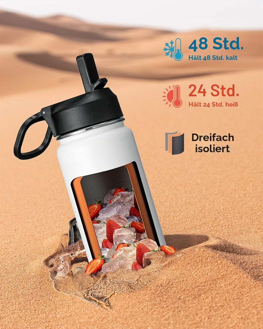 Coolflask Wasserflasche mit Strohhalm, isoliert, Edelstahl, Metall, 3 Deckel, breite Öffnung, für Sp