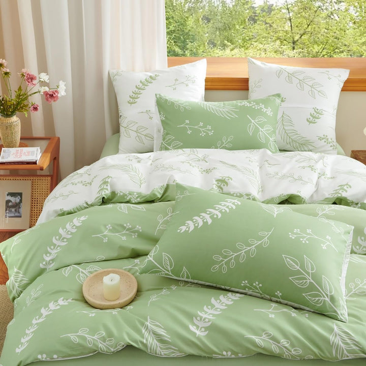 Lanqinglv Bettwäsche 200x220 Grün Weiss Blumen Blätter Wende Bettwäsche Set Pflanzen Bettbezug mit R