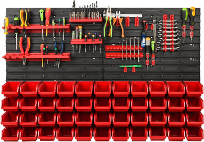 Lagersystem Werkstattregal | 115 x 78 cm | 44 stck. Box | Wandregal mit Werkzeughalterungen und Stap