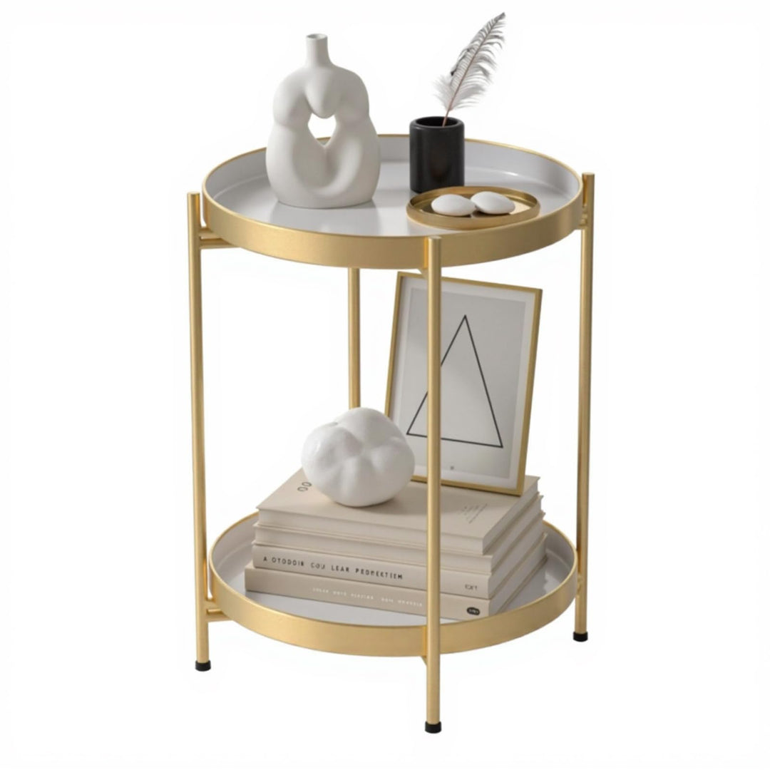H HOMEWINS Metall Beistelltisch Rund Gold&Weiss Sofatisch mit Abnehmbare Tablette Ø40 x H50 cm Couch