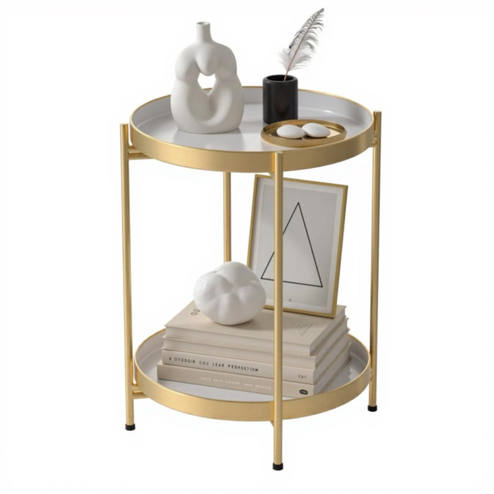 H HOMEWINS Metall Beistelltisch Rund Gold&Weiss Sofatisch mit Abnehmbare Tablette Ø40 x H50 cm Couch