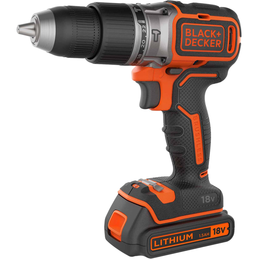 Black+Decker Akku-Schlagbohrschrauber (18 V 1,5Ah, mit bürstenlosem 2-Gang-Getriebe, LED-Arbeitslich