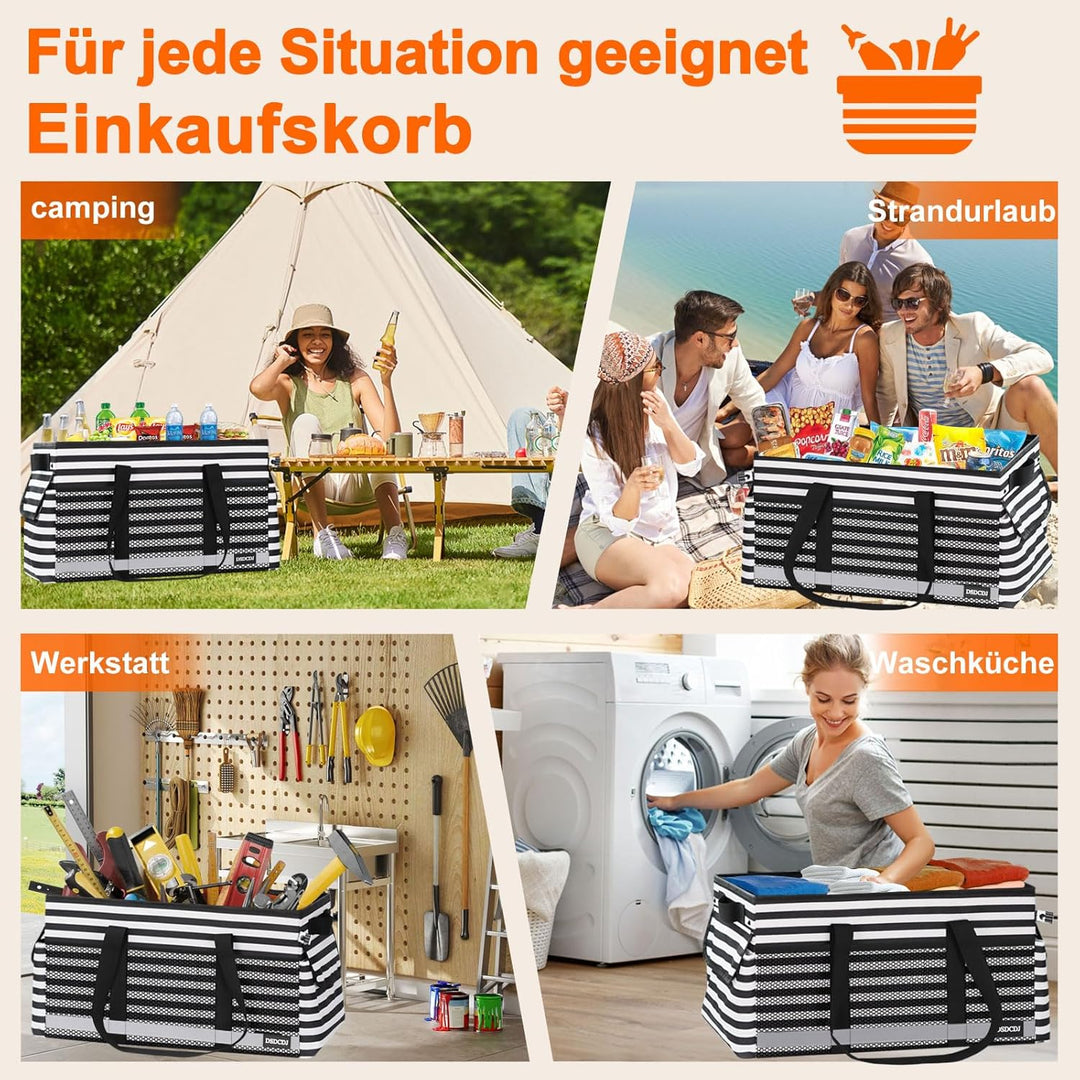 48L Einkaufskorb Faltbar mit Leuchtstreifen – Korb Einkaufen mit Verstärktem Boden – Einkaufstasche