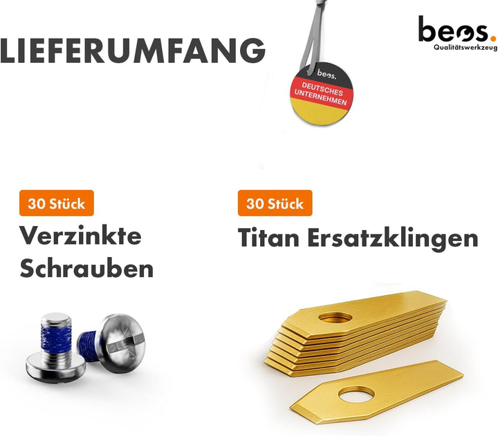 BEOS® 30 x Premium Titan Ersatzmesser für Bosch Indego + Schrauben mit Sicherung- Ersatzklingen für