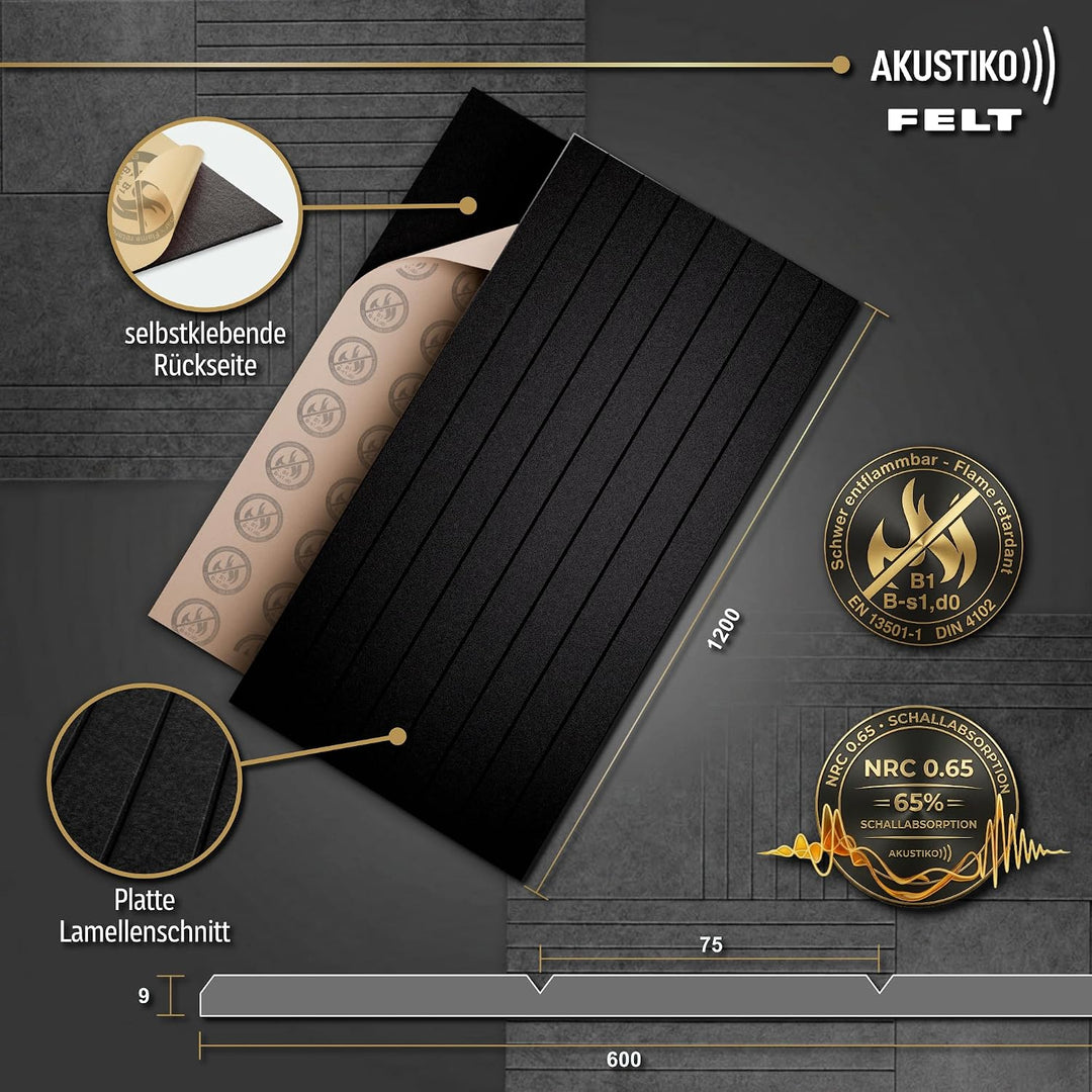 AKUSTIKO Akustikpaneele selbstklebend 4er Set 120x60cm - Schallschutzplatten mit Brandschutz Schalld