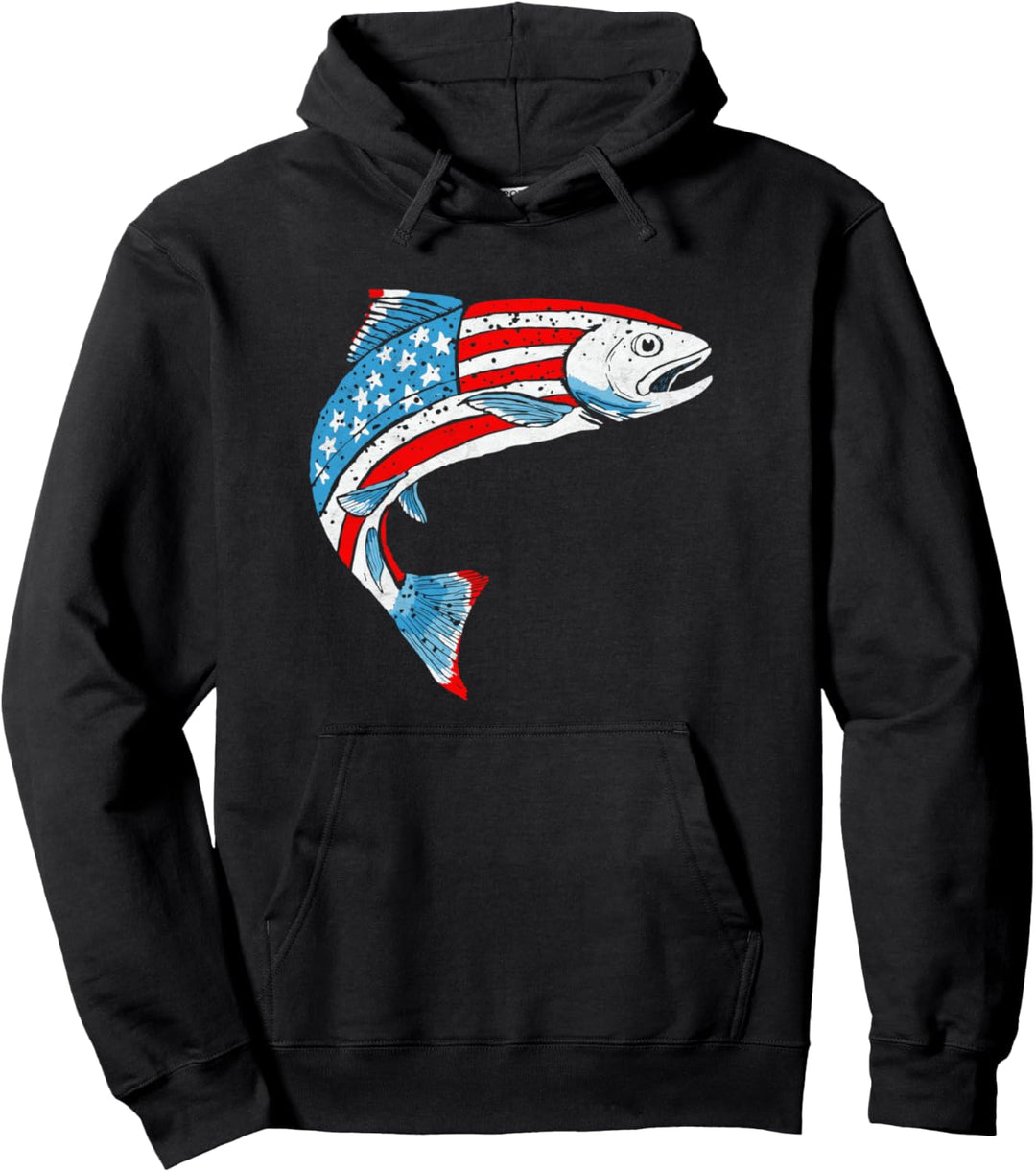 Retro American Flag Trout Vintage Fly Fishing Graphic Design Pullover Hoodie
