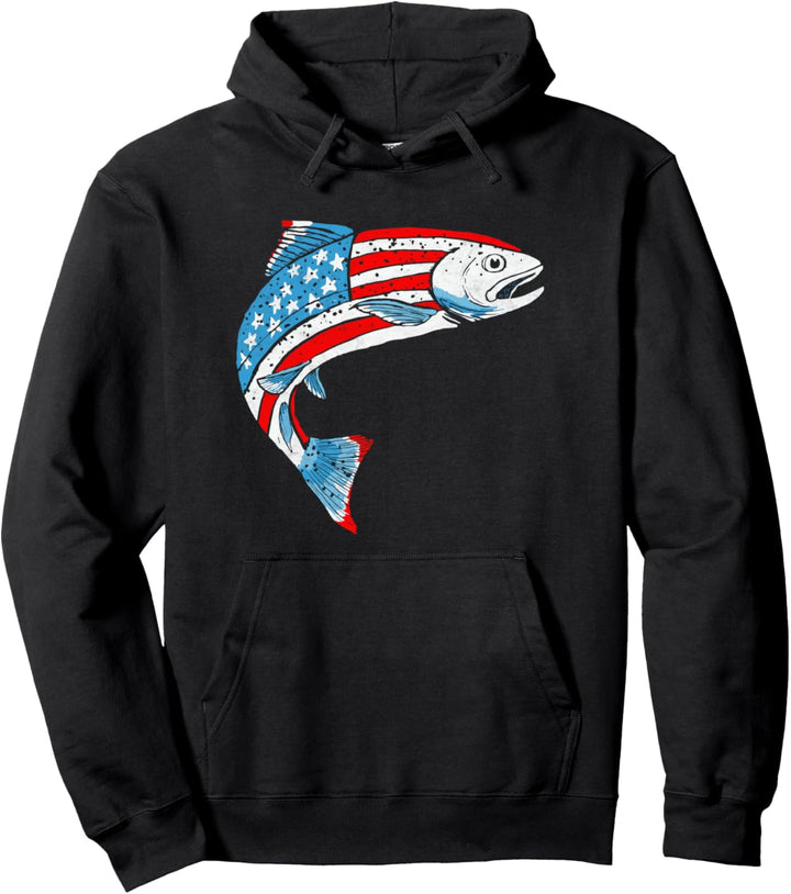 Retro American Flag Trout Vintage Fly Fishing Graphic Design Pullover Hoodie