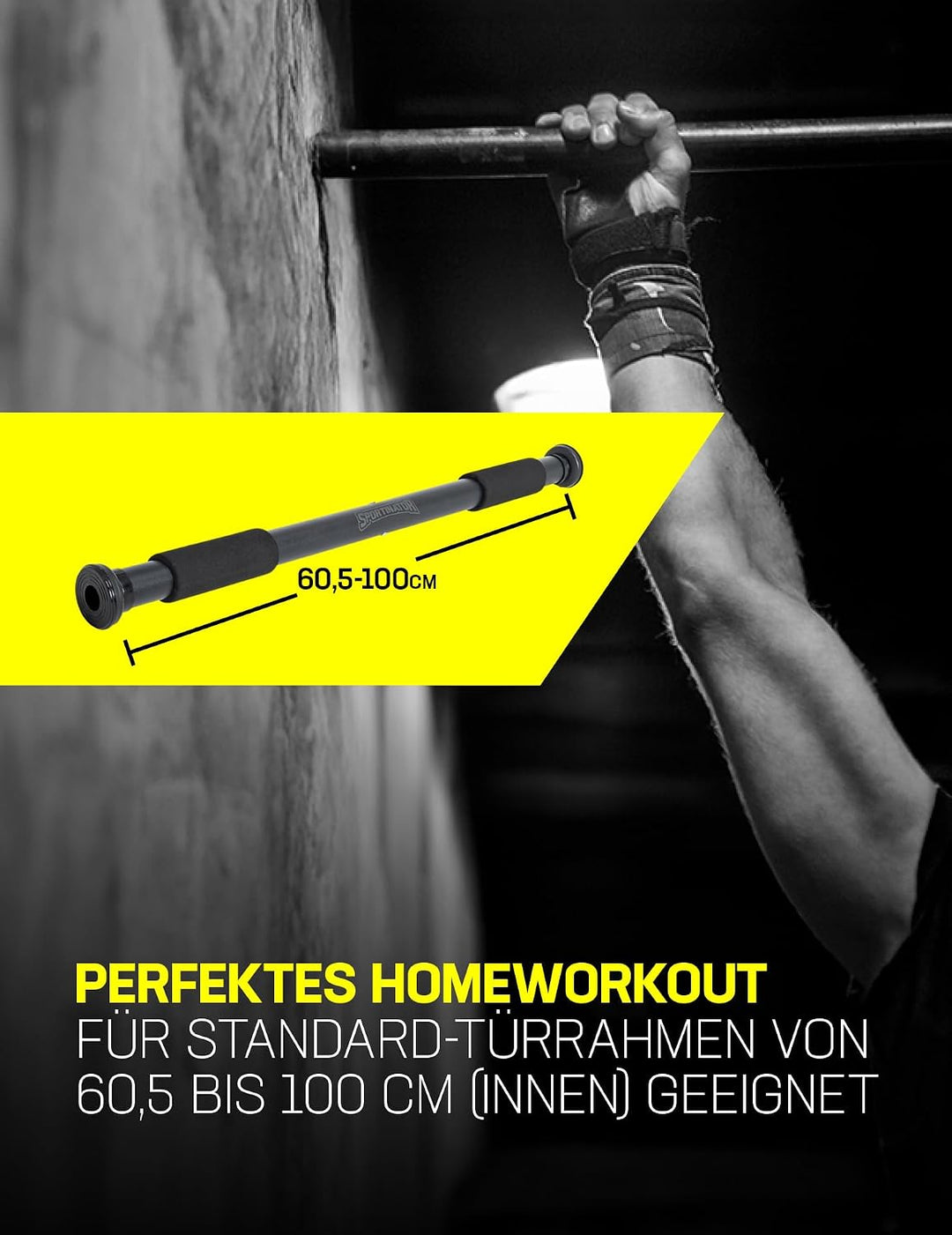 SPORTINATOR® Klimmzugstange zum Einspannen im Türrahmen, für dein Home-Gym. Länge 60–102 cm, kompakt