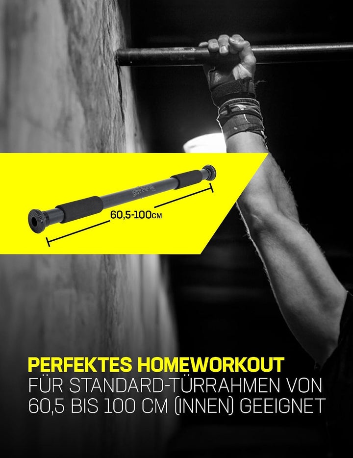 SPORTINATOR® Klimmzugstange zum Einspannen im Türrahmen, für dein Home-Gym. Länge 60–102 cm, kompakt