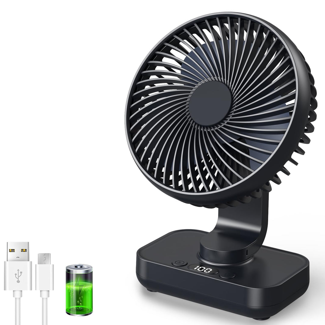 Tischventilator Automatisch Oszillierend, Leise 30 dB, Sanfter Luftstrom, 4500mAh Akku, USB-C, LED D