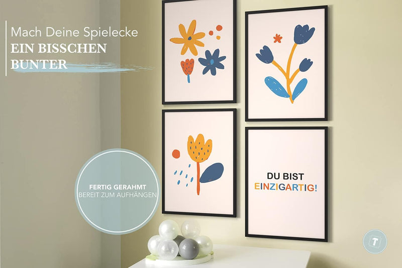 Papierschmiede® Kinderbilder 4er Set, A4 gerahmt in Holzrahmen (schwarz), Geschenk für Mädchen & Jun