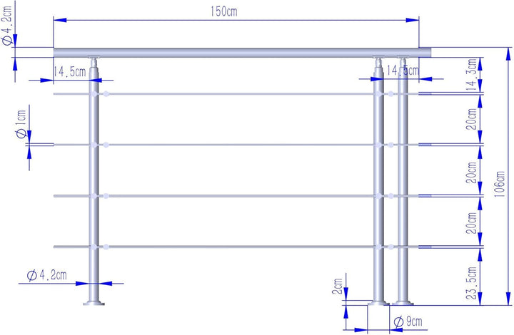 CAVATINY Edelstahl Handlauf Geländer für Treppen Brüstung Balkon mit 4 Querstreben - Innen und Ausse
