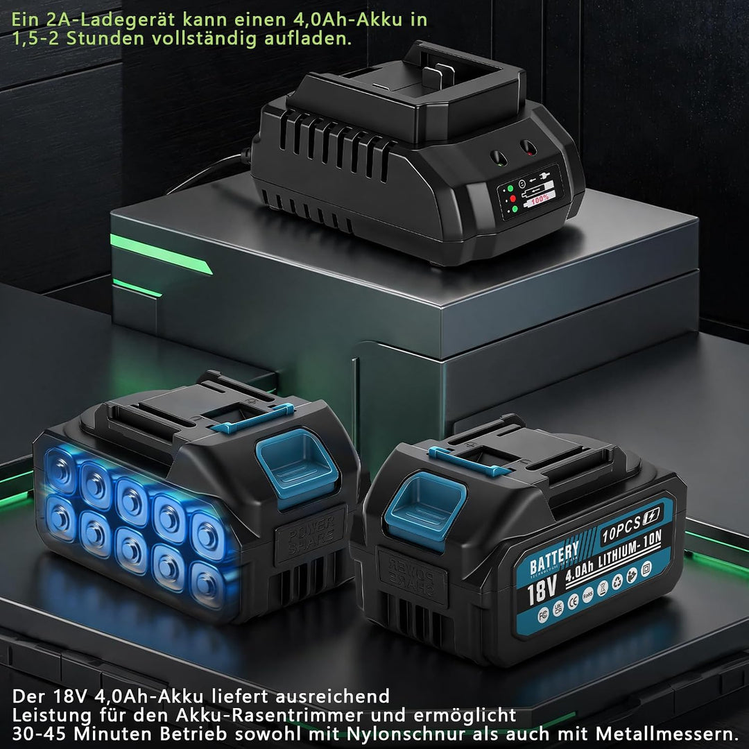 1380W Akku Rasentrimmer für Makita-Akkus, mit 2 Akkus und Ladegerä | 7-In-1 Akku Freischneider mit U