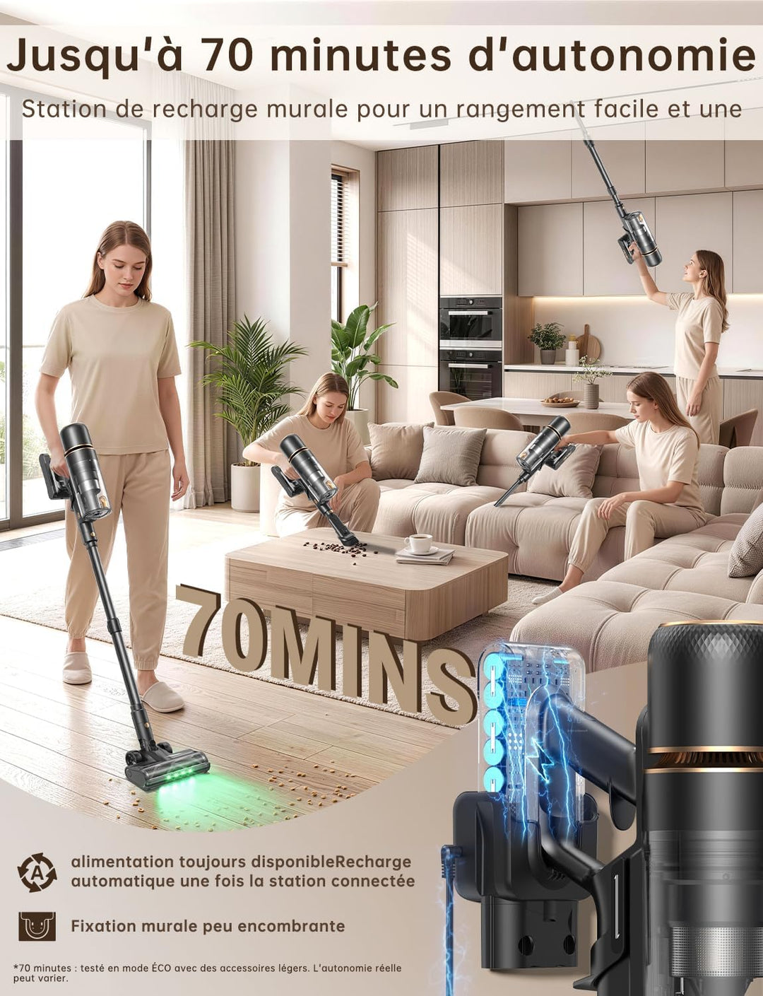 OXVAC Akku Staubsauger kabellos 58KPa/70Min/600W Smart Display 1,8L Behälter HEPA-Abstreifer selbsts