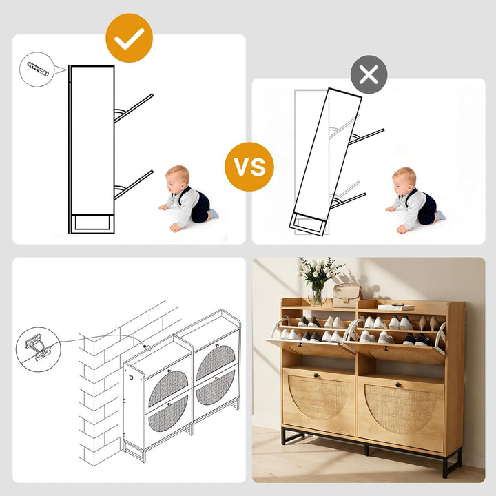 Trintion Rattan Schuhschrank Schmal mit 4 Klappen, Schuhkipper mit Verstellbaren Einlegeböden, Nur 2