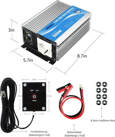 600W Wechselrichter Reiner Sinus Spannungswandler 12V auf 230V Power Inverter mit Fernbedienung und