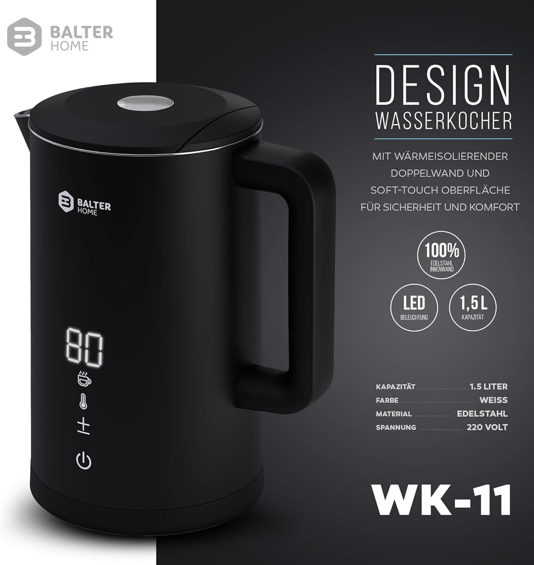 Balter Edelstahl Wasserkocher mit Temperatureinstellung, 40°C-100°C, Doppelwand, BPA frei, 1,5L, Sch