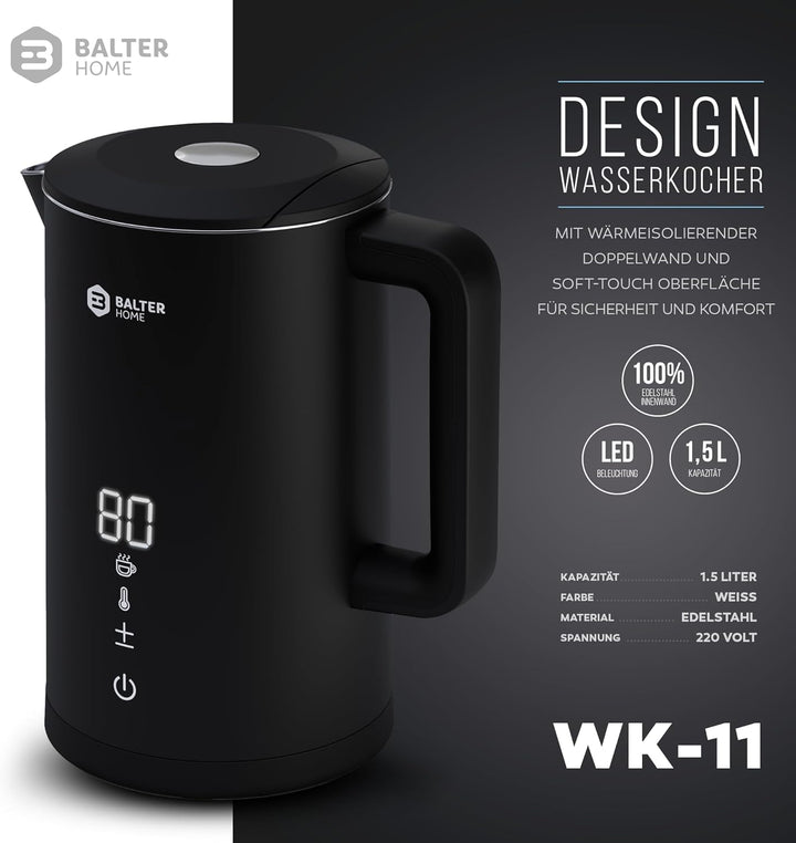 Balter Edelstahl Wasserkocher mit Temperatureinstellung, 40°C-100°C, Doppelwand, BPA frei, 1,5L, Sch