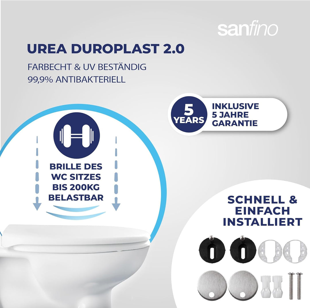 SANFINO® Premium WC Sitz mit Absenkautomatik oval – 5 Jahre Garantie – TÜV geprüfter WC Sitz mit Sch