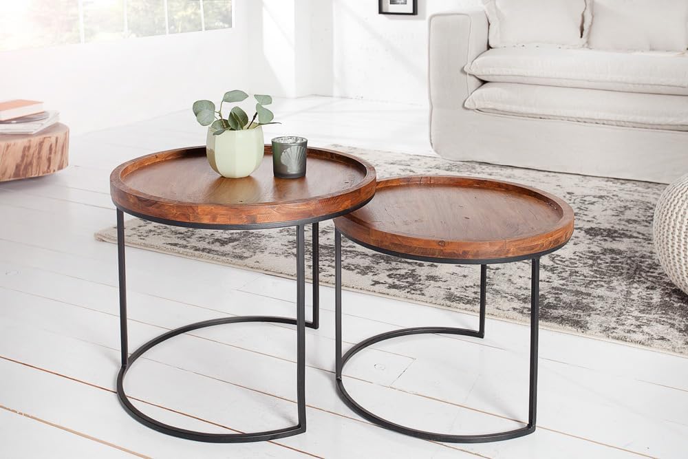 Invicta Interior Moderne Beistelltische Elements 2er-Set original massives Akazien Holz Stone Finish