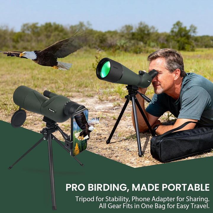 BIBIRE Spektiv mit Stativ und Smartphone-Adapter, 25-75x60 HD-Spektiv mit Tragetasche für Zielschies