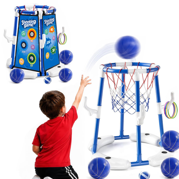 3-In-1 Pool Basketballkorb Outdoor, Schwimmender Basketballkorb, Pool Spielzeug Mit 4 Basketbälle,12
