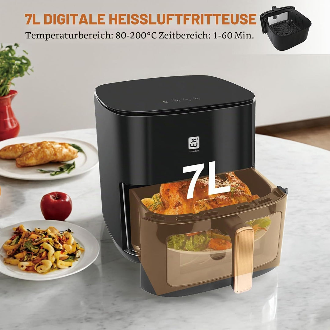 Heissluftfritteuse 7L, XXL Luftfritteuse ohne Öl mit Sichtfenster, Touchscreen, 1800W, 8 Voreinstell