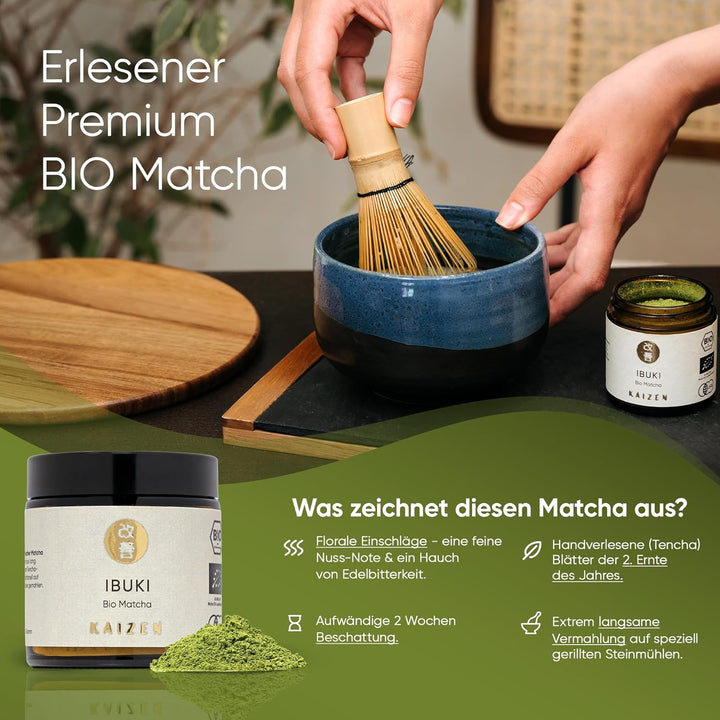 Kaizen® Ibuki Matcha Set - erlesener Premium Bio Matcha-Tee, handgefertigte Chawan-Teeschale, Besen