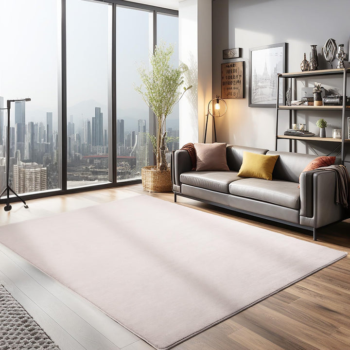Waschbarer Teppich Wohnzimmer, Kurzflor rutschfest Flauschig Weich, Einfarbig Beige, Felloptik, Supe
