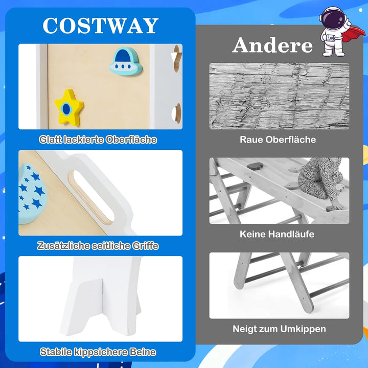 COSTWAY Klettergerüst Indoor 4er Set, klappabres Kletterdreieck mit Rutsche, Kletterbogen, Netz, ink