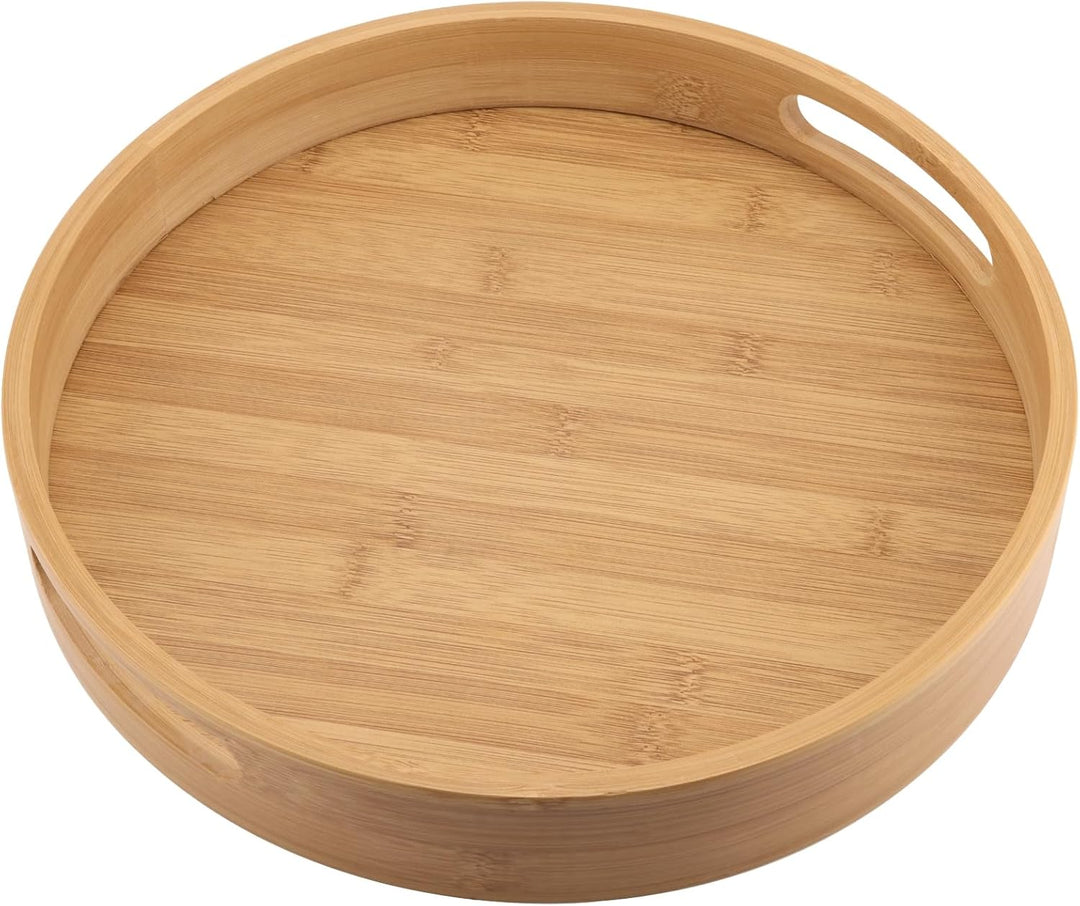 FAAING 2 Stück 30cm Bambus Tablett Rund, Gross Holz Serviertablett mit Griffen, Holztablett Rund Küc