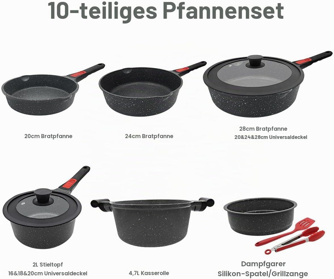 Topf und Pfannenset 10-Teilig, Pfanne mit Deckel 20cm, 24cm, 28cm, Stielkasserolle 18cm+ Dampfer, To