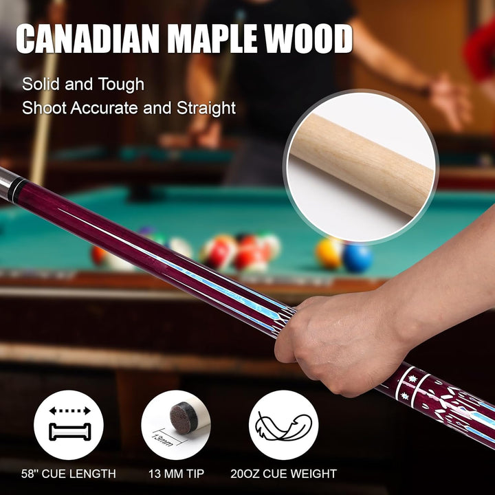 Billard Queue, 58'' 20oz Pool Queue mit PU Leather Tasche, Kanadischer Ahorn Pool Cue 13mm Spitzen f
