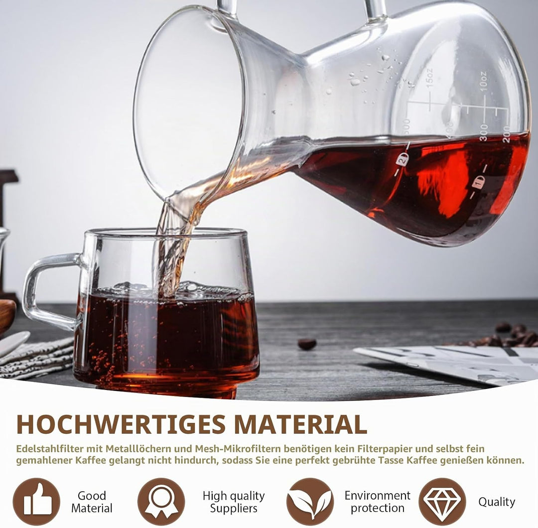 Pour Over Kaffeebereiter, 800 ml Borosilikat Glaskanne mit doppelschichtigem Edelstahlfilter, Kaffee