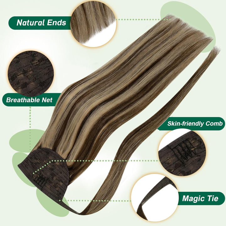 Easyouth Zopf Extensions Echthaar Clip in Ponytail Extension Echthaar 20 Zoll Farbe Dunkleres Braune