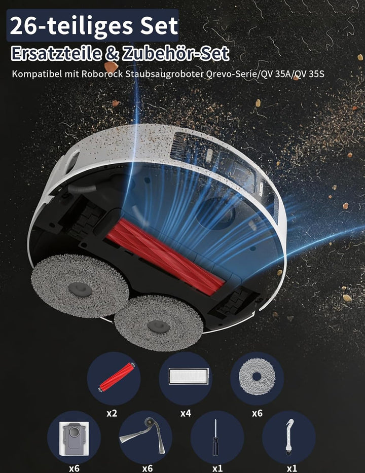 26 Stück Zubehör set für Roborock QV 35A / QV 35S，mit 2 Hauptbürsten, 6 Feuchttücher, 4 HEPA-Filter,