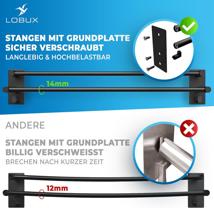 LOBUX® - Handtuchhalter ohne Bohren schwarz – 60cm, Edelstahl rostfrei – Handtuchhalter Bad doppelt,