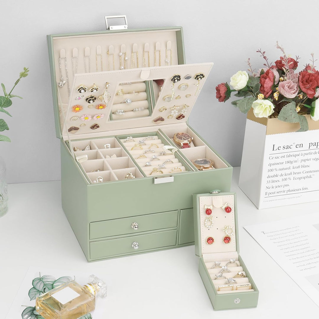 Schmuckkästchen, 3 Ebenen grosser PU Leder Reise Schmuckschatulle mit tragbarer Mini-Box für Reisen,