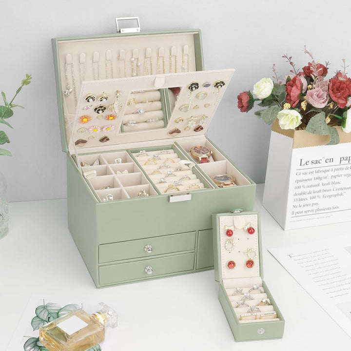 Schmuckkästchen, 3 Ebenen grosser PU Leder Reise Schmuckschatulle mit tragbarer Mini-Box für Reisen,